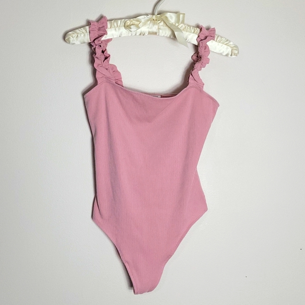 Sunday Best Pink Ruffled Strap Ribbed One-Piece Bodysuit